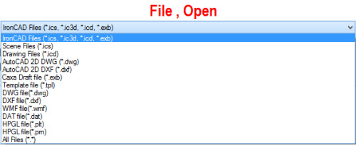 Figure 2: Native and 2D file types that can be opened in IronCAD